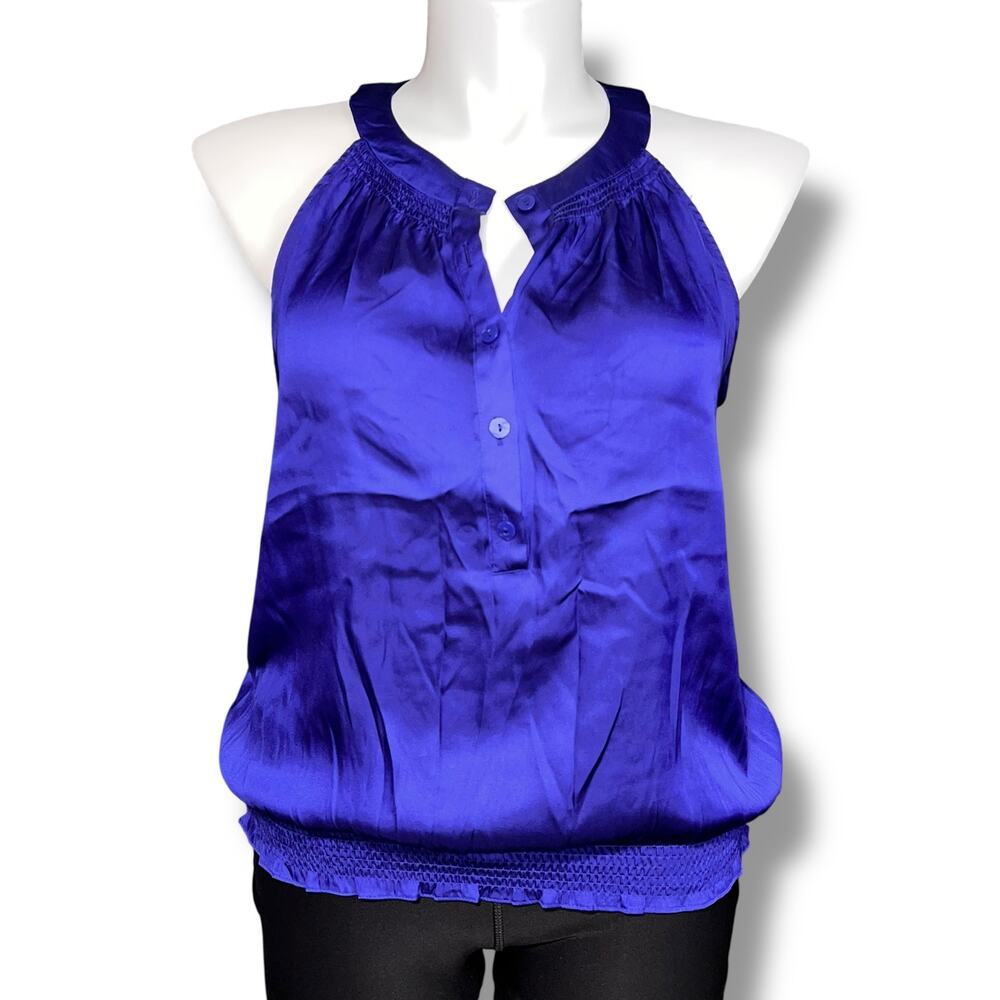 ana Womens Blouse Shirt Top Satin Halter Top Smocked Bubble Hem Blue Purple Lar